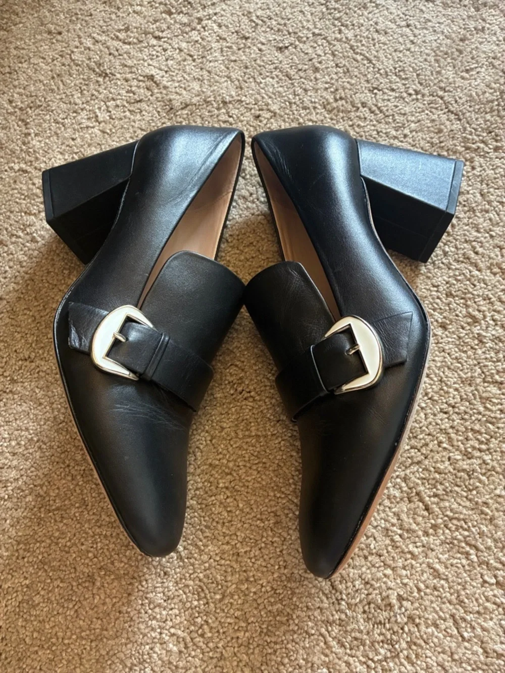 Kate Spade Black Leather Leandra Block Heel Loafers Buckle Pumps size 10